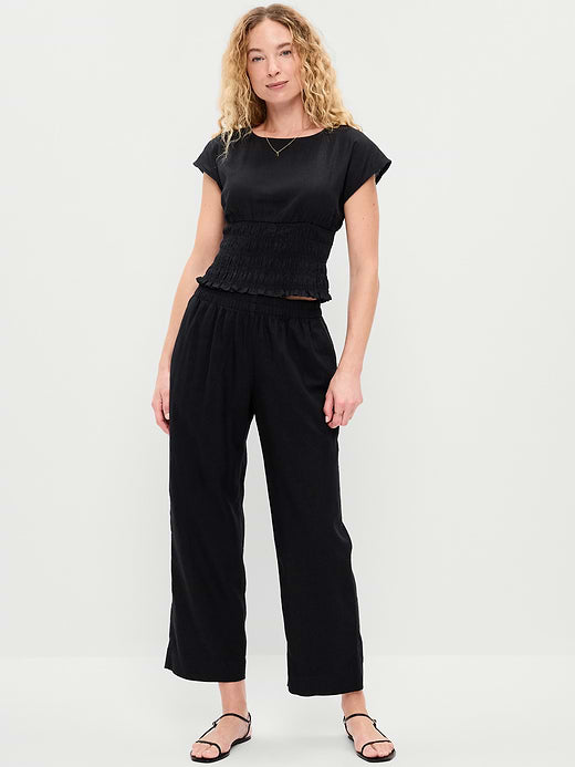 High-Waisted Linen-Blend Straight Ankle Pants - Black Jack