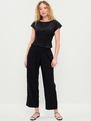 High-Waisted Linen-Blend Straight Ankle Pants - Black Jack