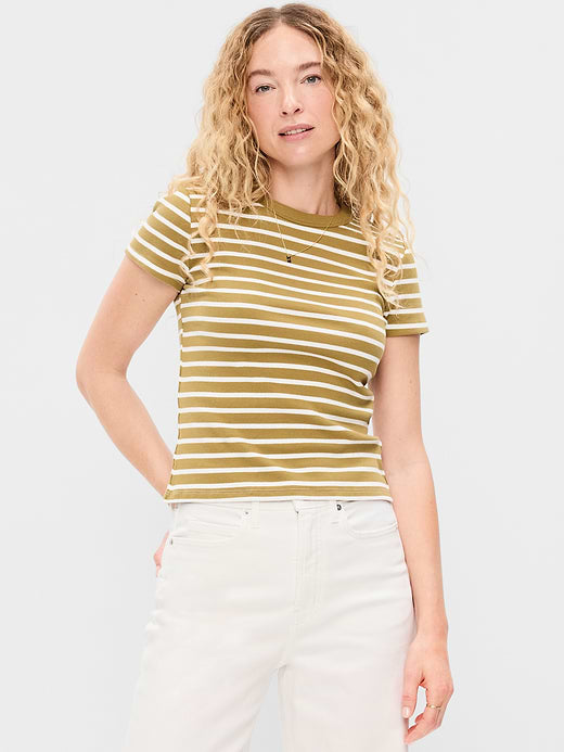 Snug Crop Ribbed T-Shirt - Green Stripe