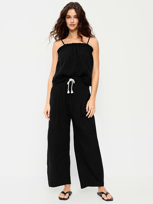 High-Waisted Crinkle Gauze Barrel Ankle Pants - Black Jack