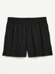 High-Waisted Beach Linen Pull-On Shorts - Black Jack