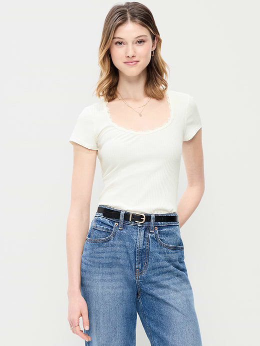 Lace-Trim Sweetheart-Neck Ribbed Top - Sea Salt