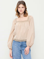 Long-Sleeve Lace Trim Top - Mocha Taffy