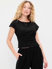 Linen-Blend Short-Sleeve Smocked Top - Black Jack