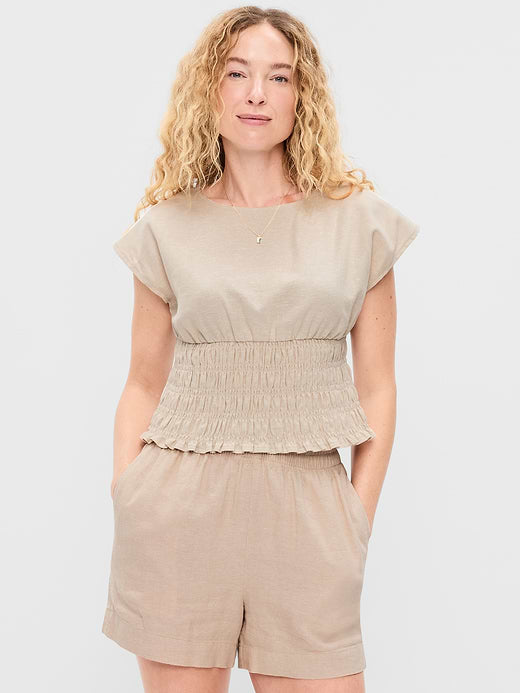 Linen-Blend Short-Sleeve Smocked Top - Flax Linen