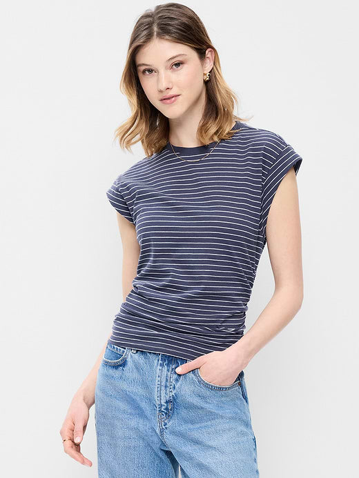 Cap-Sleeve Cinch-Waist Top - Navy Stripe