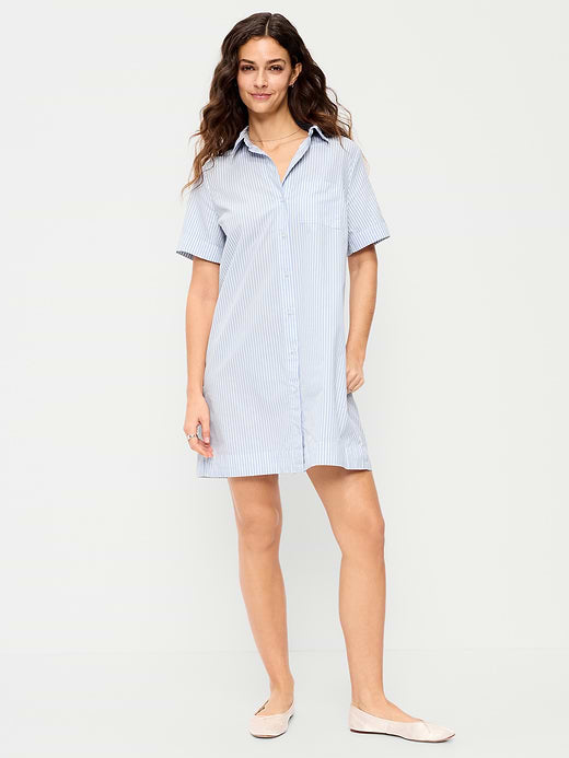 Button-Down Mini Shirt Dress - White & Blue Stripe