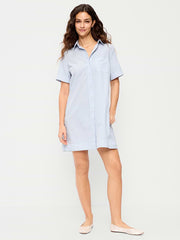 Button-Down Mini Shirt Dress - White & Blue Stripe