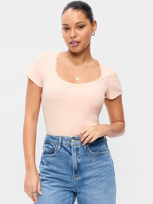 Lace-Trim Sweetheart-Neck Ribbed Top - Peach Gelato