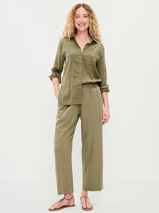 High-Waisted Linen-Blend Straight Ankle Pants - Kombu