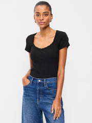 Lace-Trim Sweetheart-Neck Ribbed Top - Black Jack
