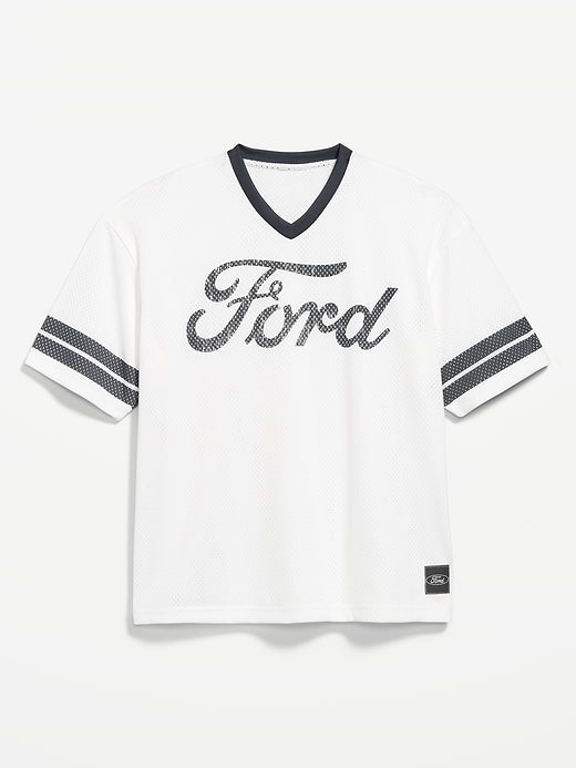 Licensed Graphic Cropped Mesh V-Neck T-Shirt - Sea Salt