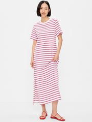 Vintage Crew-Neck Maxi T-Shirt Dress - Red Blue Stripe