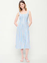 Fit & Flare Sleeveless Linen-Blend Midi Dress - Blue & White Stripe