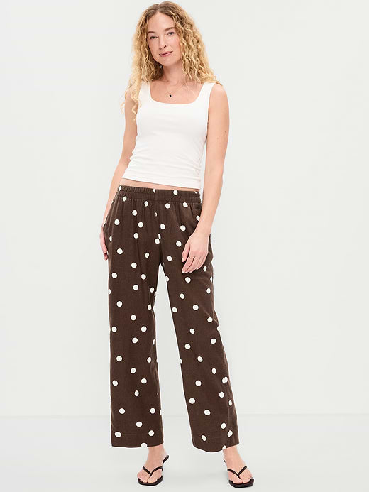 High-Waisted Linen-Blend Straight Ankle Pants - Brown Dots