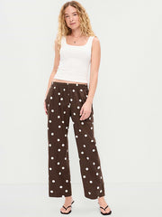 High-Waisted Linen-Blend Straight Ankle Pants - Brown Dots