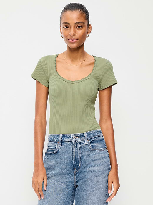 Lace-Trim Sweetheart-Neck Ribbed Top - Bare Ground