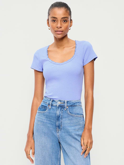 Lace-Trim Sweetheart-Neck Ribbed Top - Flax Flower