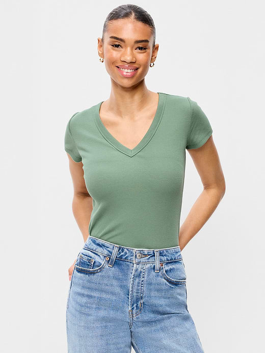 Snug Crop V-Neck Ribbed T-Shirt - Dried Herb