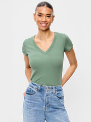 Snug Crop V-Neck Ribbed T-Shirt - Dried Herb
