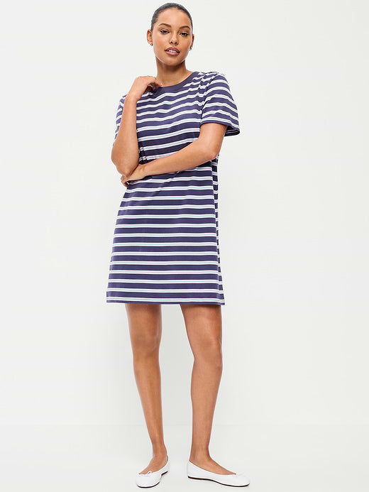 Vintage Crew-Neck Mini T-Shirt Dress - Navy Stripe