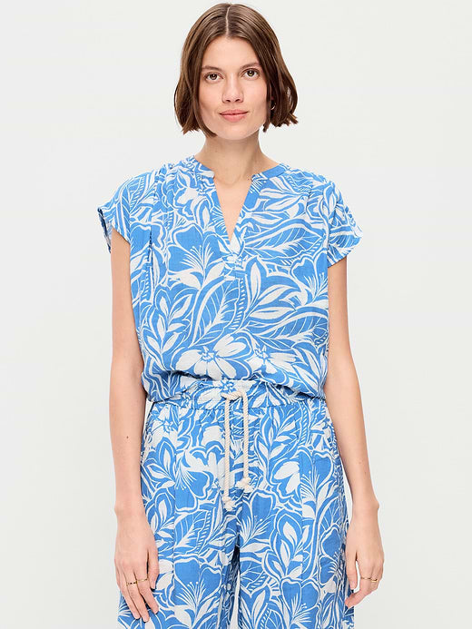 Short-Sleeve Crinkle Gauze Popover Top - Paradise Blue Print