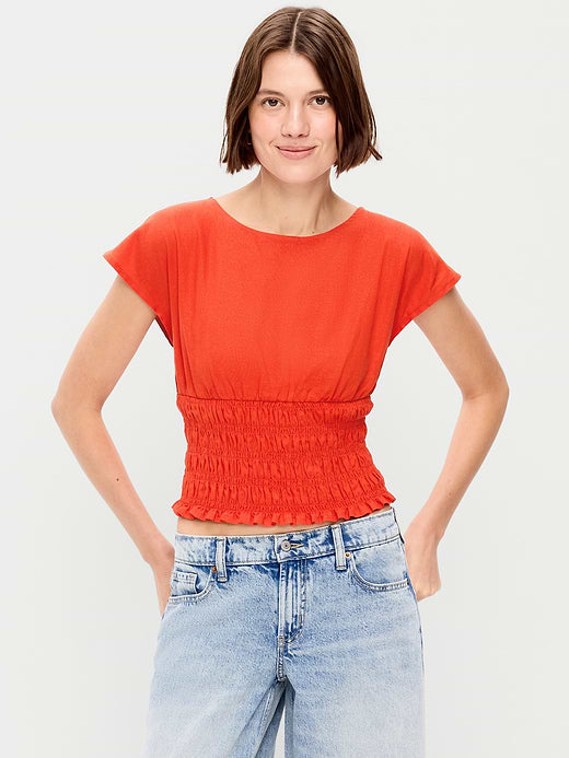 Linen-Blend Short-Sleeve Smocked Top - Ornament Orange