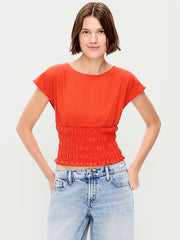 Linen-Blend Short-Sleeve Smocked Top - Ornament Orange