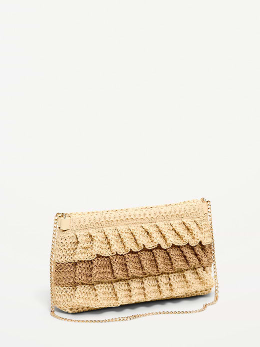 Ruffled Raffia Shoulder Bag - Natural White