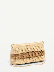 Ruffled Raffia Shoulder Bag - Natural White