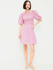 Smocked Puff-Sleeve Flare Mini Dress - Pink Stripe