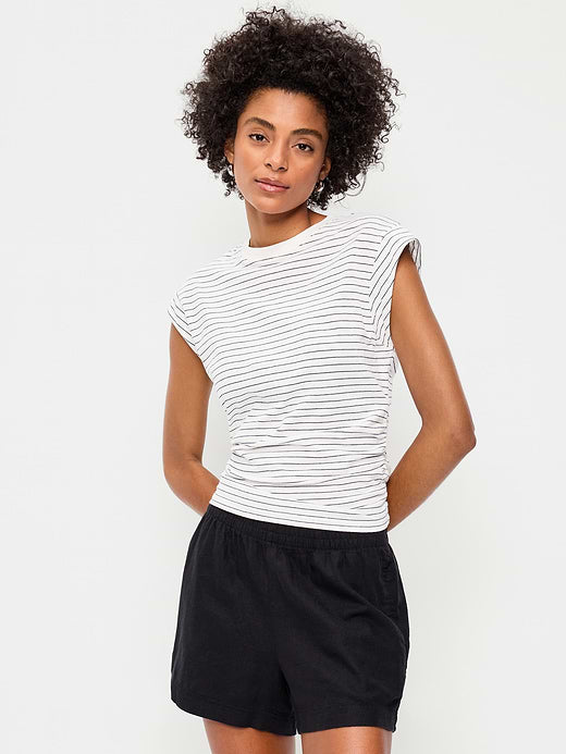 Cap-Sleeve Cinch-Waist Top - Sea Salt Stripe