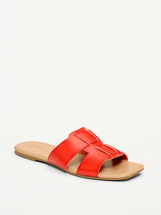 Faux-Leather Slide Sandals - Red