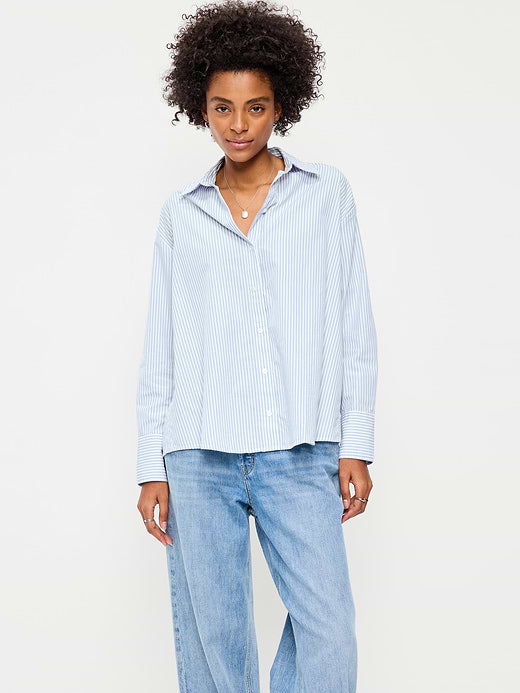 Tie-Back Button-Down Shirt - Blue Stripe