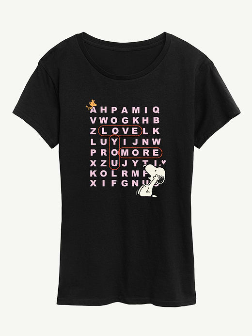 Peanuts I Love You More Snoopy Word Search Short Sleeve Graphic Tee - Black