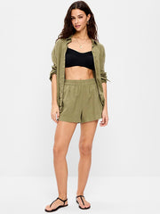 High-Waisted Beach Linen Pull-On Shorts - Kombu