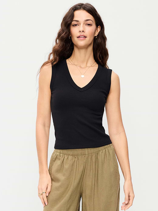 Snug Crop V-Neck Ribbed Tank Top - Black Jack