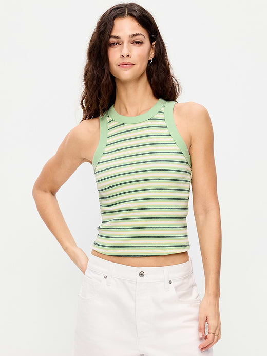 Snug Crop Ribbed Ringer Tank Top - Green Stripe