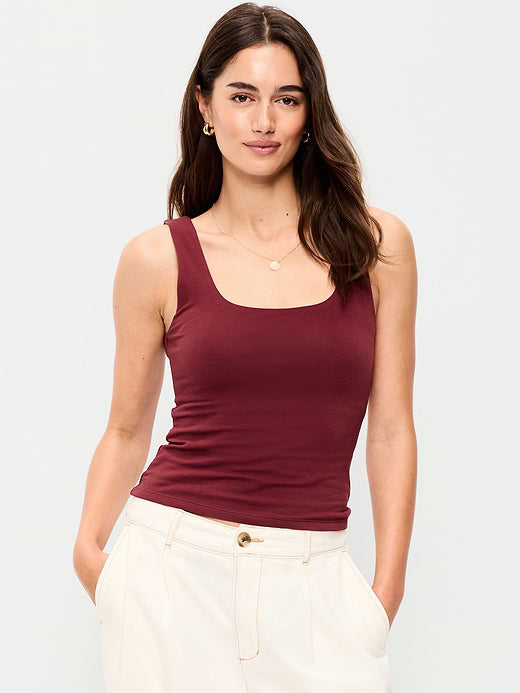 Hug Double-Layer Scoop-Neck Tank Top - Red Red Wine