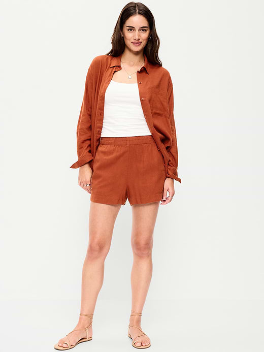 High-Waisted Beach Linen Pull-On Shorts - Russet Moon