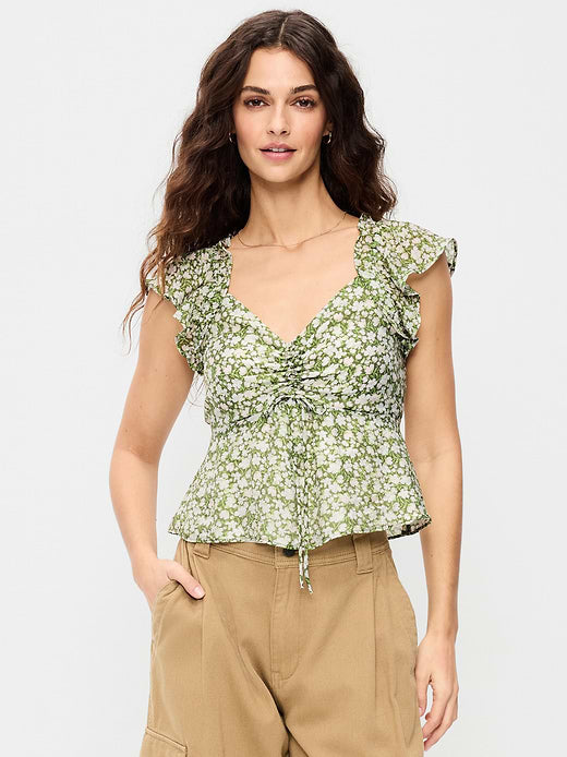 Flutter-Sleeve Fit & Flare Top - Green Floral