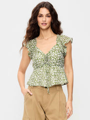 Flutter-Sleeve Fit & Flare Top - Green Floral