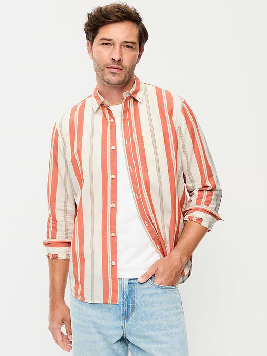Classic Fit Everyday Striped Poplin Shirt - Bold Orange Stripe