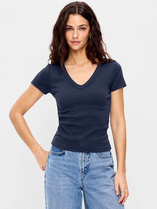 Snug Crop V-Neck Ribbed T-Shirt - Arctic Depth