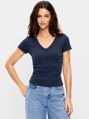 Snug Crop V-Neck Ribbed T-Shirt - Arctic Depth