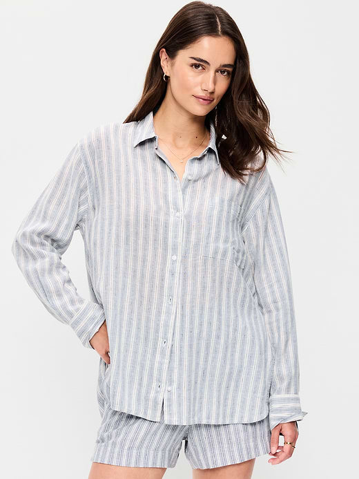 Linen-Blend Loose Button-Down Shirt - Blue Stripe