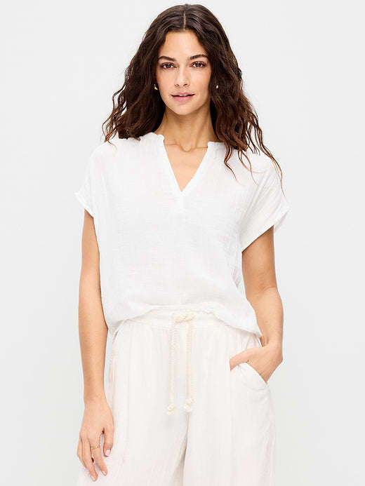 Short-Sleeve Crinkle Gauze Popover Top - White Lilies