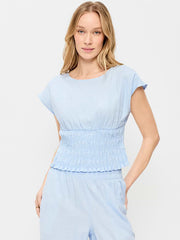 Linen-Blend Short-Sleeve Smocked Top - Sky Maintenance