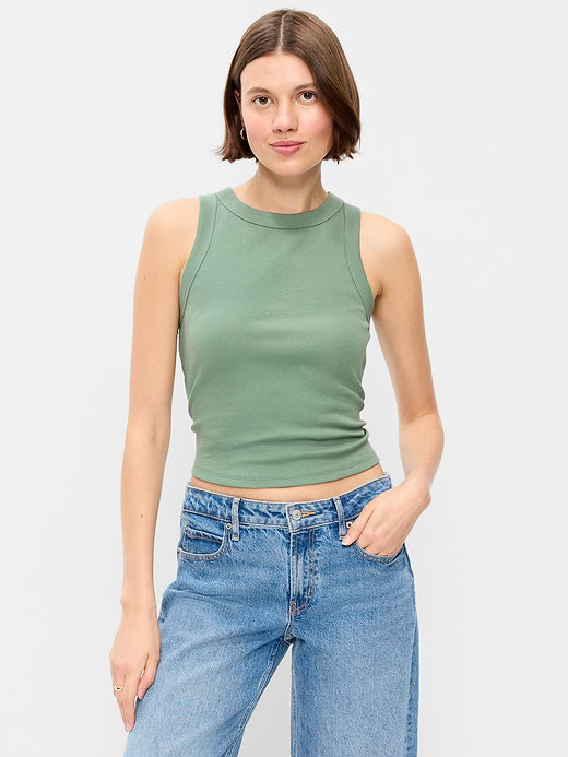 Snug Crop Ribbed Tank Top - Herbal Green