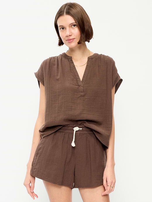 Short-Sleeve Crinkle Gauze Popover Top - Peppercorn